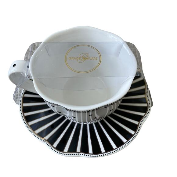 GRACE TEAWARE Black & White Striped Polka Dots Teacup and Saucer Set of 2 New - Picture 15 of 16